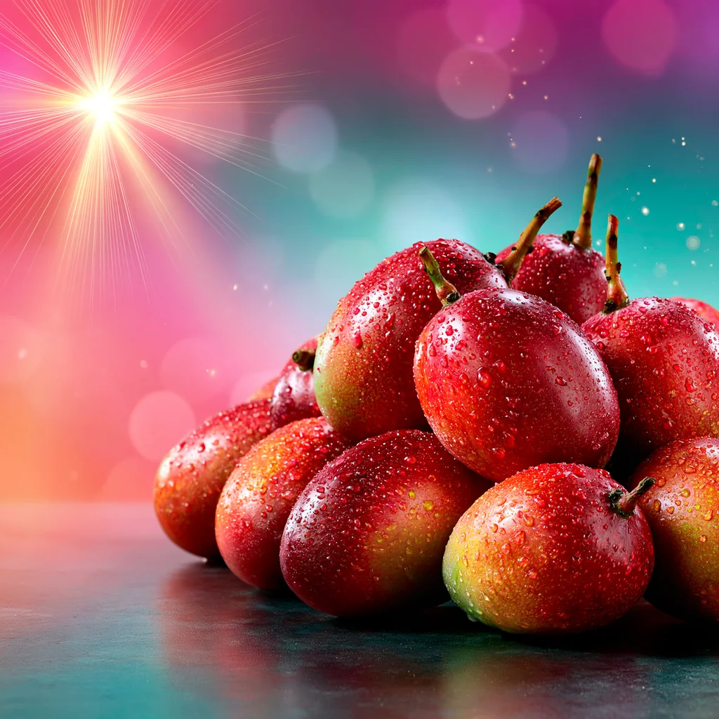 A pile of ripe mangoes on a glossy pink and teal flyer backdrop with a sun flare