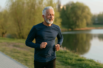 Active Senior Jogging by the Lake