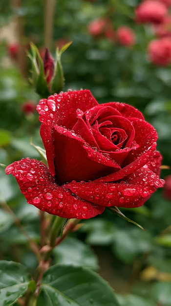 Blooming Red Rose in a Lush Garden