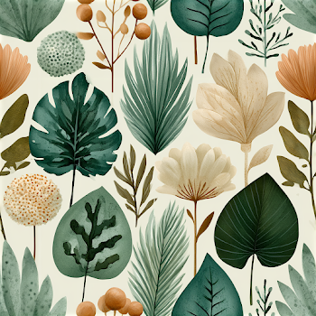 Botanical Fabric Pattern with Tropical Leaves and Floral Silhouettes