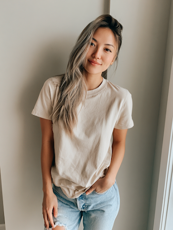 Casual Fashion Influencer in Soft Khaki Top and Ripped Jeans