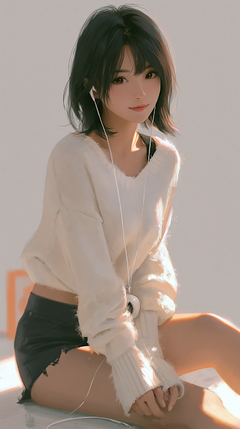 Casual Young Woman Listening to Music