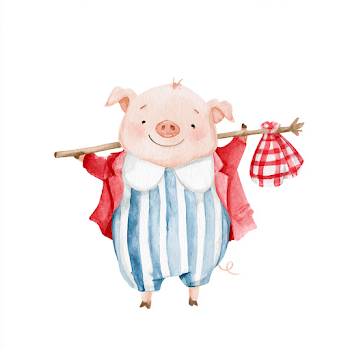 Charming Watercolor Pig Character in Edwardian Attire