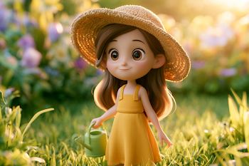 Cheerful Cartoon Girl in a Summer Garden