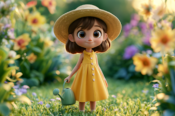 Cheerful Cartoon Girl in Sunny Garden