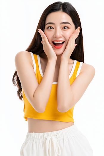 Cheerful Young East Asian Woman in Bright Fashion Portrait