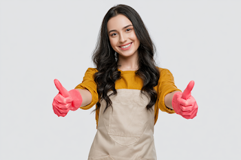 Cheerful Young Woman in Cleaning Attire