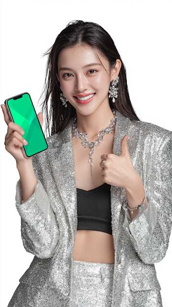 Cheerful Young Woman with Smartphone in Sparkling Silver Outfit