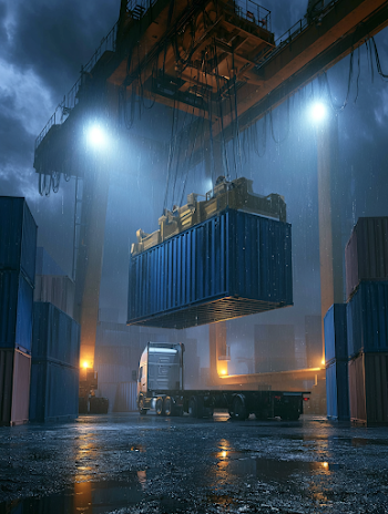 Cinematic Industrial Port at Night: Heavy Rain and Gantry Crane Action