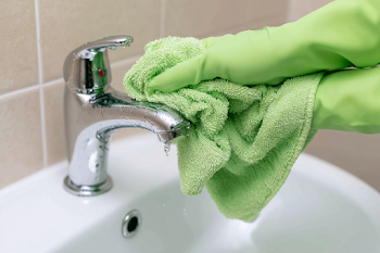 Close-Up of Cleaning Faucet with Microfiber Cloth