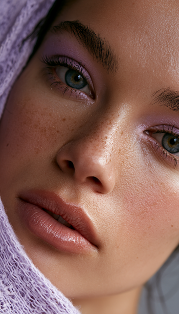 Close-Up Portrait of a High-Fashion Model with Lavender Makeup