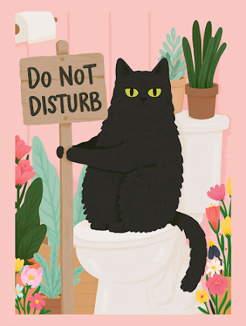 Confident Black Cat on Toilet with 'Do Not Disturb' Sign