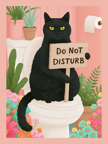 Confident Black Cat on Toilet with Do Not Disturb Sign