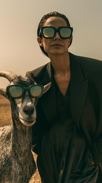 Confident Duo: Stylish Woman and Mountain Goat Portrait