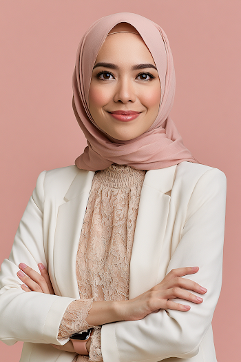 Confident Young Woman in Blush Beige Hijab and White Blazer Portrait