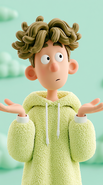Confused Cartoon Teenager in Oversized Hoodie