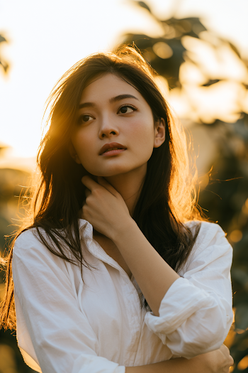 Contemplative Young Asian Woman in Golden Light