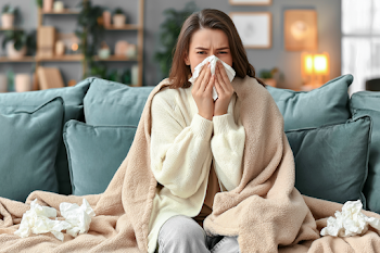 Cozy Home Scene: Young Woman Caring for Cold