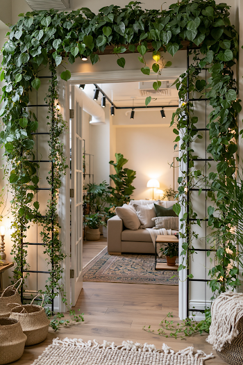 Cozy Urban Jungle: Ivy-Covered Doorway to Modern Living Room