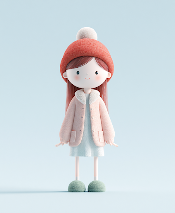 Cute Cartoon Girl in Red Hat and Pink Sweater