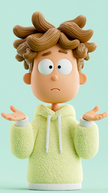Cute Stylized 3D Cartoon Boy with Uncertain Expression