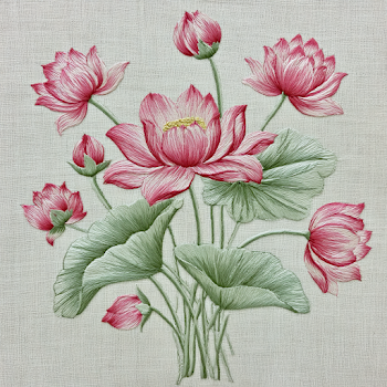 Delicate Botanical Embroidery of Pink Lotus Flowers