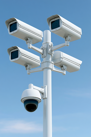 Detailed Close-Up of Surveillance Pole with CCTV Cameras