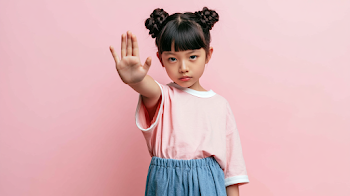 Determined Young Girl with Stop Gesture Against Pink Background