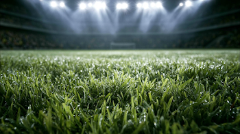 Dewy Soccer Field Under Stadium Lights