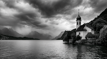 Dramatic Black and White Alpine Church by Lake Lucerne