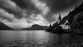 Dramatic Black and White Landscape of Alpine Church by Lake Lucerne
