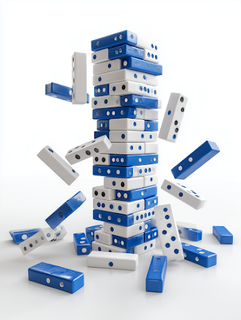 Dynamic 3D Tower of Falling Dominos in White and Blue