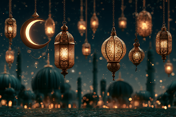 Eid Al-Adha Festive Scene with Lanterns and Moon