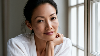 Elegant Asian Woman with Melasma in Minimalist Interior