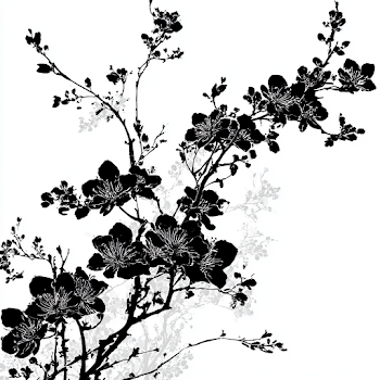 Elegant Black and White Botanical Illustration of Cherry Blossom Branches