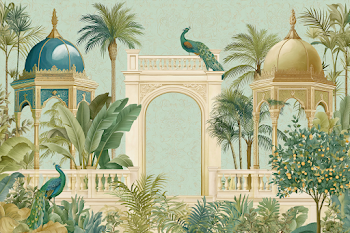 Elegant Chinoiserie Tropical Garden Mural with Pavilions and Peacocks