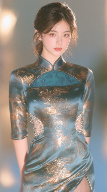 Elegant East Asian Woman in Stylized Qipao Dress
