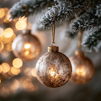 Elegant Gold Christmas Ornaments on Frosted Evergreen