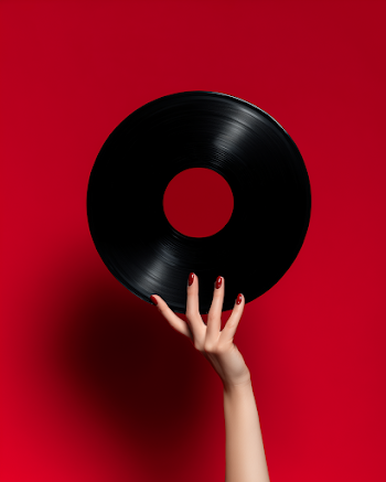 Elegant Hand Holding Vinyl Record on Red Velvet Background