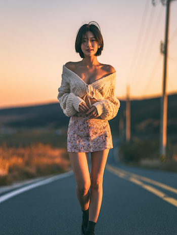 Elegant Korean Girl on a Scenic Road