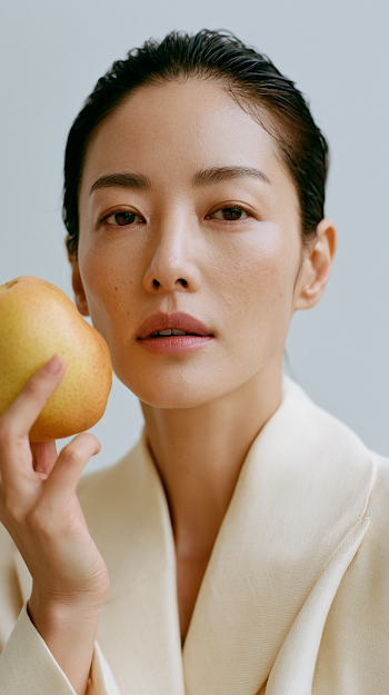 Elegant Korean Woman Holding Pear in Couture Fashion