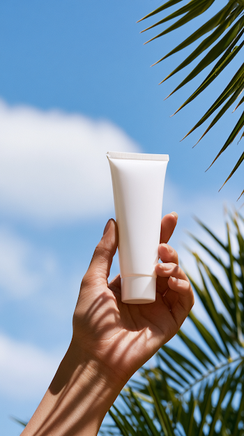 Elegant Skincare Cream Against a Clear Blue Sky