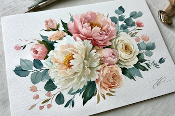Elegant Watercolor Floral Arrangement with Peonies and Garden Roses