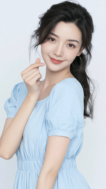 Elegant Young East Asian Woman in Sky-Blue Dress