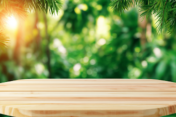 Empty Light Wooden Tabletop in Lush Tropical Garden