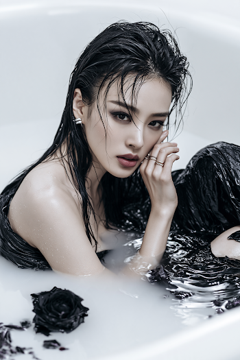 Ethereal Fashion Portrait of a Young Woman in a Milk Pool