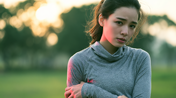 Exhausted Young Asian Sportswoman in Green City Park