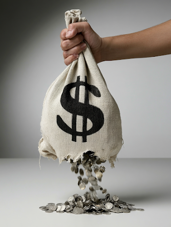 Financial Loss: Torn Money Bag with Coins Spilling Out