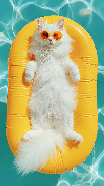 Fluffy White Cat on Yellow Pool Raft