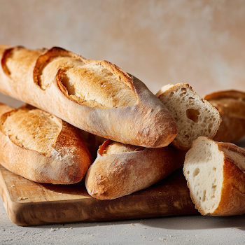 Freshly Baked French Baguettes on Wooden Board